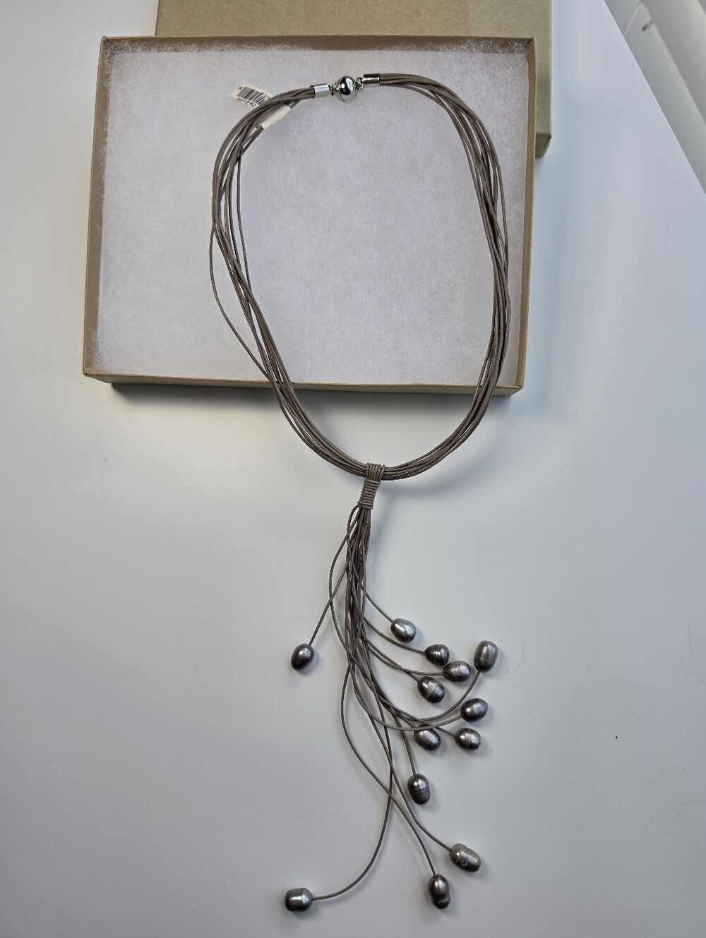 Multi-Strand Grey and Silver-Tone Lariat Necklace w Pearls w magnetic closure - Picture 7 of 9